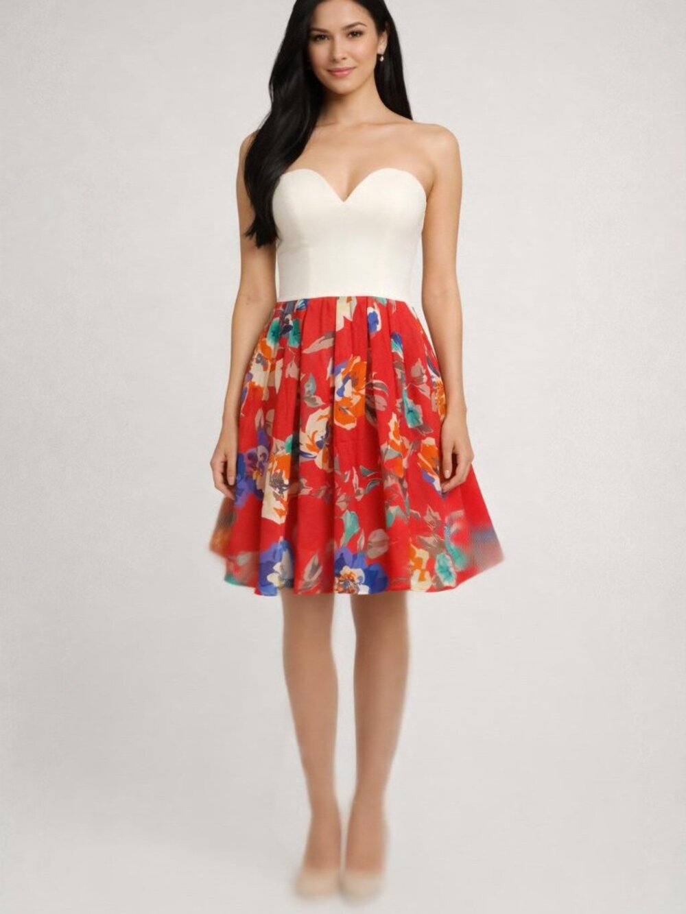 Sweetheart neckline floral mini fit and flare